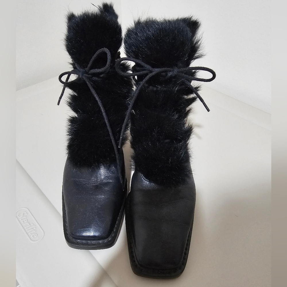 Stuart Weitzman Black Fur Trim Lace-Up Boots
